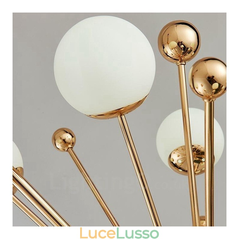 11 luci da soffitto moderne e contemporanee, lampadario placcato in rame con paralume in vetro a sfera bianca