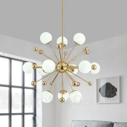 Lampadario moderno contemporaneo da soffitto a 12 luci con placcatura in rame e paralume in vetro a sfera bianca