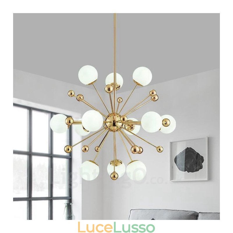 Lampadario moderno contemporaneo da soffitto a 12 luci con placcatura in rame e paralume in vetro a sfera bianca