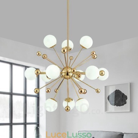 Lampadario moderno contemporaneo da soffitto a 12 luci con placcatura in rame e paralume in vetro a sfera bianca Lampadario moderno contemporaneo da soffitto a 12 luci con placcatura in rame e paralume in vetro a sfera bianca
