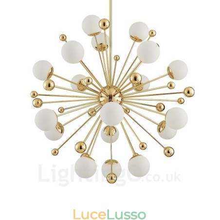 Lampadario moderno contemporaneo da 18 luci con placcatura in rame e paralume in vetro a sfera bianca Lampadario moderno contemporaneo da 18 luci con placcatura in rame e paralume in vetro a sfera bianca