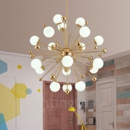 Lampadario moderno contemporaneo da 18 luci con placcatura in rame e paralume in vetro a sfera bianca