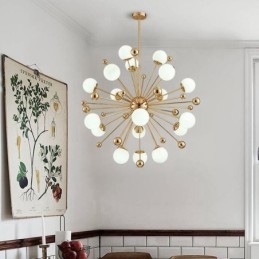 Lampadario moderno contemporaneo da 18 luci con placcatura in rame e paralume in vetro a sfera bianca