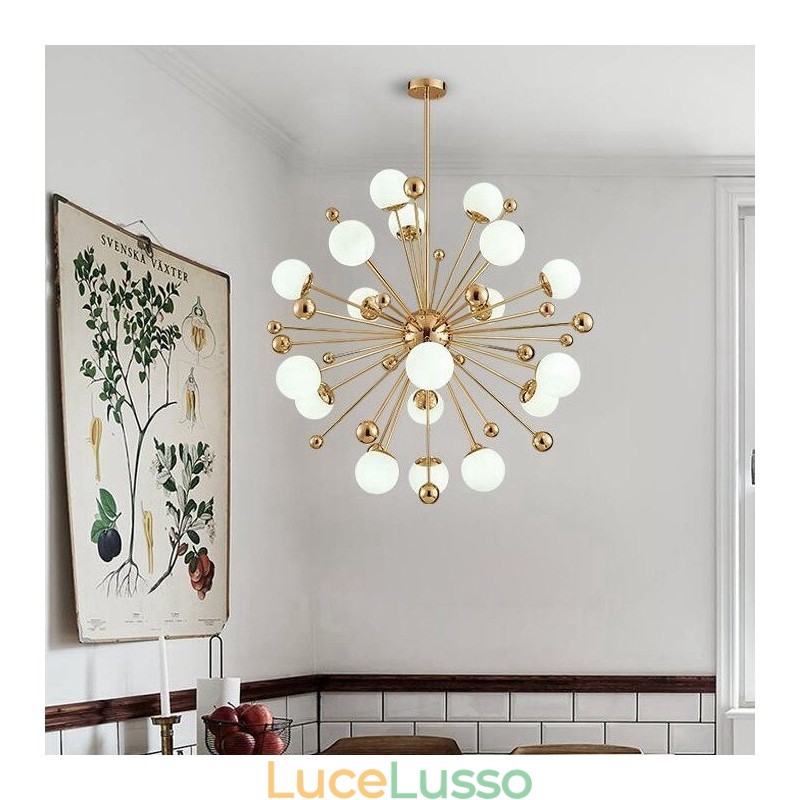 Lampadario moderno contemporaneo da 18 luci con placcatura in rame e paralume in vetro a sfera bianca