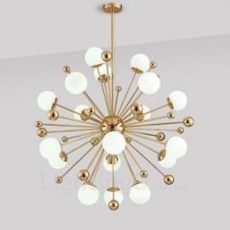 Lampadario moderno contemporaneo da 18 luci con placcatura in rame e paralume in vetro a sfera bianca