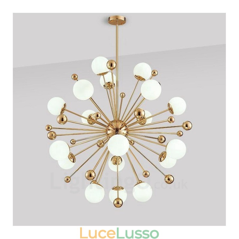 Lampadario moderno contemporaneo da 18 luci con placcatura in rame e paralume in vetro a sfera bianca