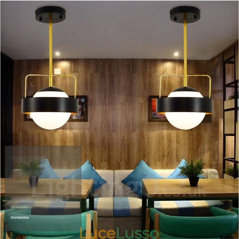 1 luce moderna contemporanea plafoniera lampada a sospensione placcata in rame con paralume in vetro a sfera bianco e nero