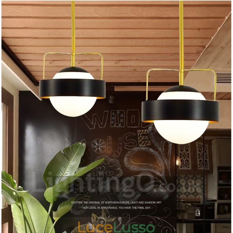 1 luce moderna contemporanea plafoniera lampada a sospensione placcata in rame con paralume in vetro a sfera bianco e nero