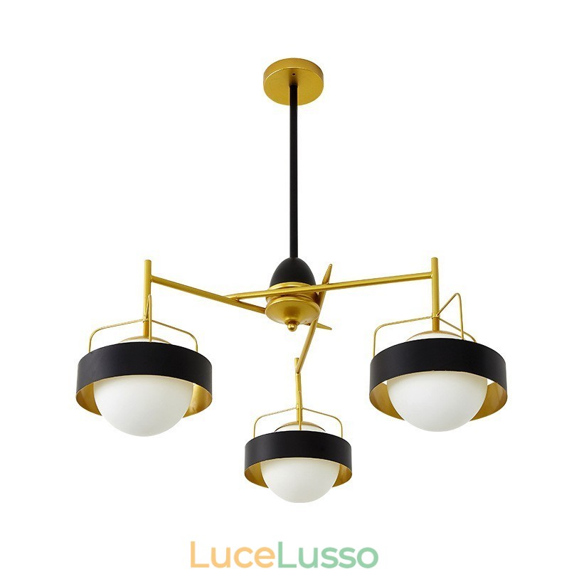 Lampadario a soffitto moderno e contemporaneo a 3 luci con placcatura in rame e paralume in vetro a sfera bianco e nero