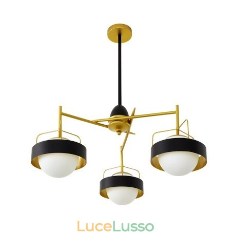 Lampadario a soffitto moderno e contemporaneo a 3 luci con placcatura in rame e paralume in vetro a sfera bianco e nero Lampadario a soffitto moderno e contemporaneo a 3 luci con placcatura in rame e paralume in vetro a sfera bianco e nero