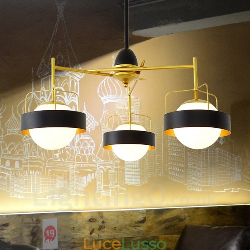 Lampadario a soffitto moderno e contemporaneo a 3 luci con placcatura in rame e paralume in vetro a sfera bianco e nero