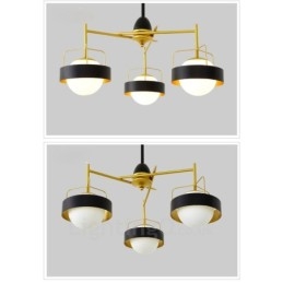 Lampadario a soffitto moderno e contemporaneo a 3 luci con placcatura in rame e paralume in vetro a sfera bianco e nero