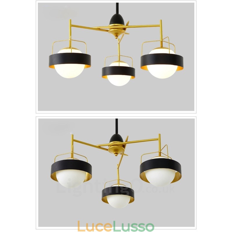 Lampadario a soffitto moderno e contemporaneo a 3 luci con placcatura in rame e paralume in vetro a sfera bianco e nero