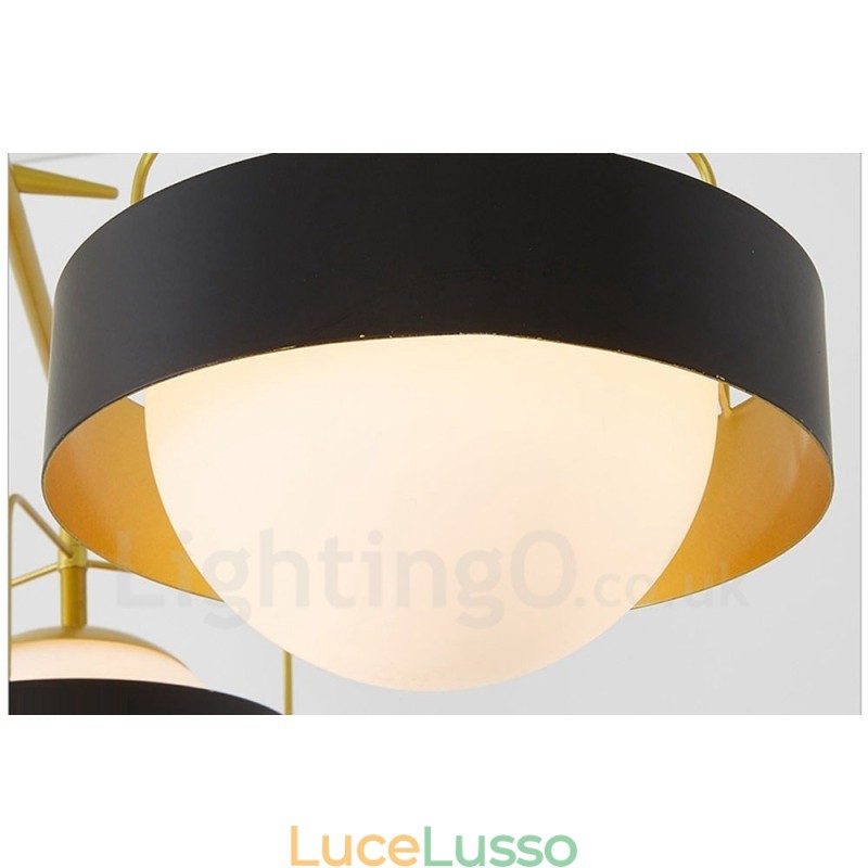 Lampadario a soffitto moderno e contemporaneo a 3 luci con placcatura in rame e paralume in vetro a sfera bianco e nero