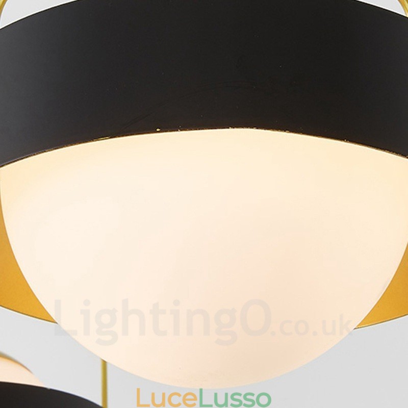 Lampadario a soffitto moderno e contemporaneo a 3 luci con placcatura in rame e paralume in vetro a sfera bianco e nero