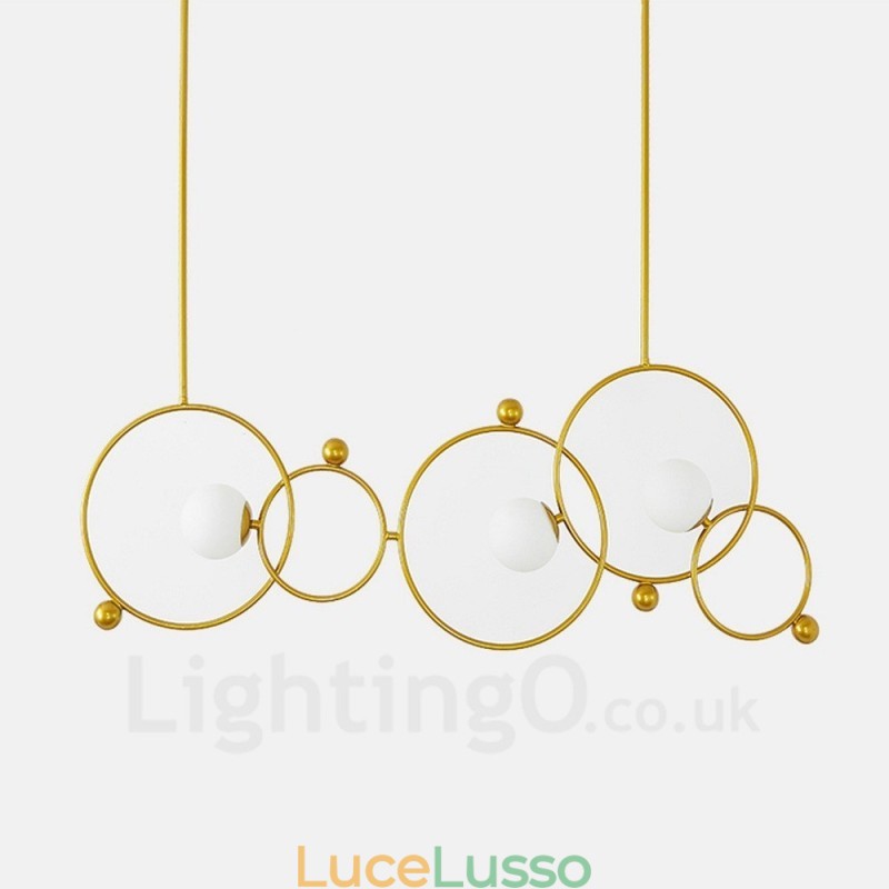 Lampadario a soffitto moderno e contemporaneo a 3 luci con placcatura in rame e paralume in vetro a sfera bianca