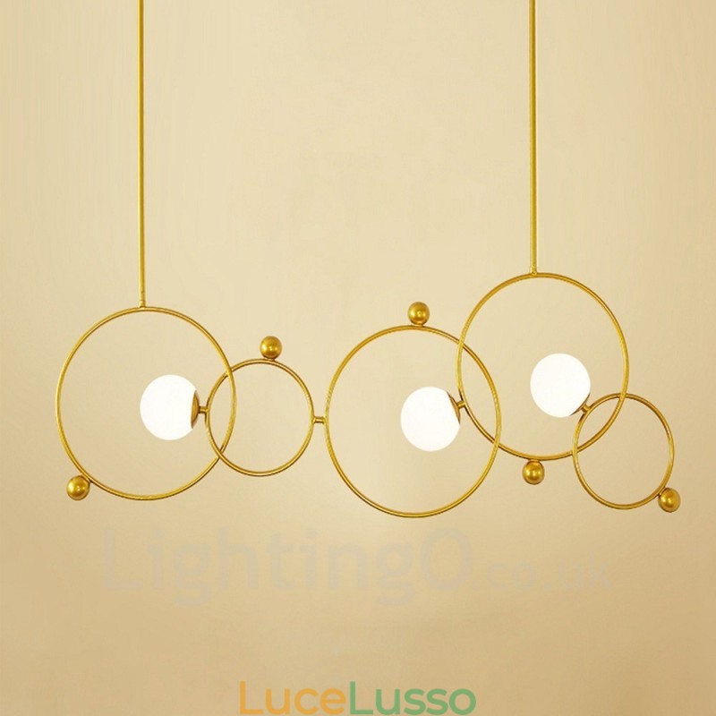 Lampadario a soffitto moderno e contemporaneo a 3 luci con placcatura in rame e paralume in vetro a sfera bianca