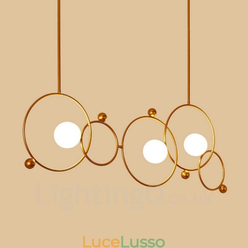 Lampadario a soffitto moderno e contemporaneo a 3 luci con placcatura in rame e paralume in vetro a sfera bianca