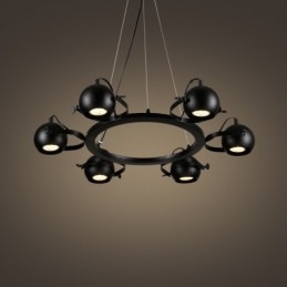 Lampada a sospensione retrò vintage in ferro nero a 6 luci con paralumi a sfera in ferro nero