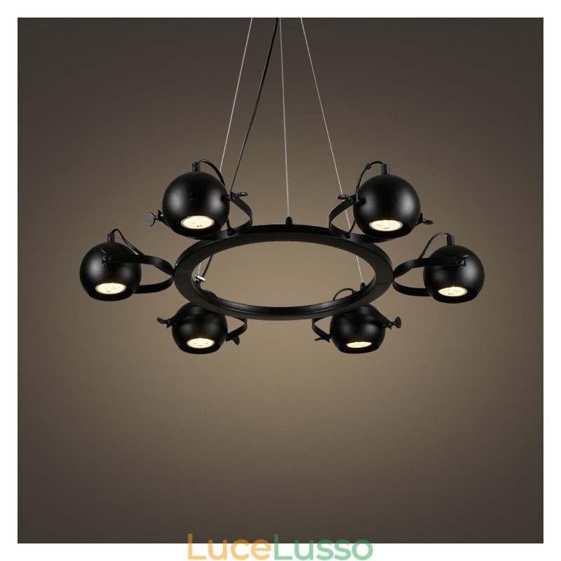 Lampada a sospensione retrò vintage in ferro nero a 6 luci con paralumi a sfera in ferro nero