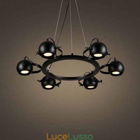Lampada a sospensione retrò vintage in ferro nero a 6 luci con paralumi a sfera in ferro nero Lampada a sospensione retrò vintage in ferro nero a 6 luci con paralumi a sfera in ferro nero