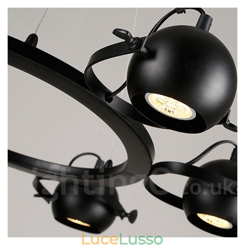 Lampada a sospensione retrò vintage in ferro nero a 6 luci con paralumi a sfera in ferro nero