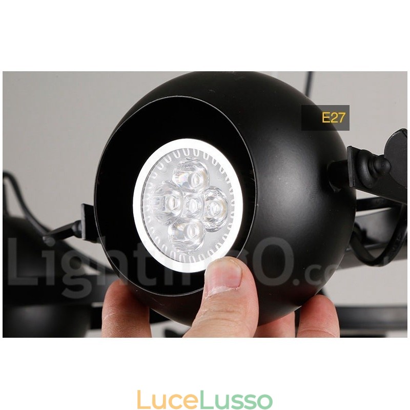 Lampada a sospensione retrò vintage in ferro nero a 6 luci con paralumi a sfera in ferro nero
