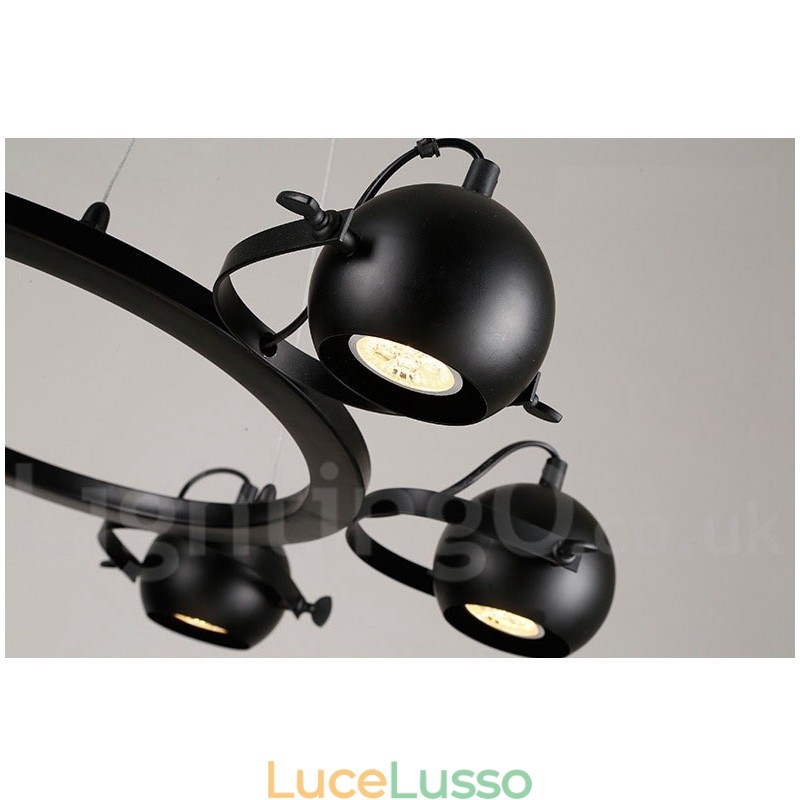 Lampada a sospensione retrò vintage in ferro nero a 6 luci con paralumi a sfera in ferro nero
