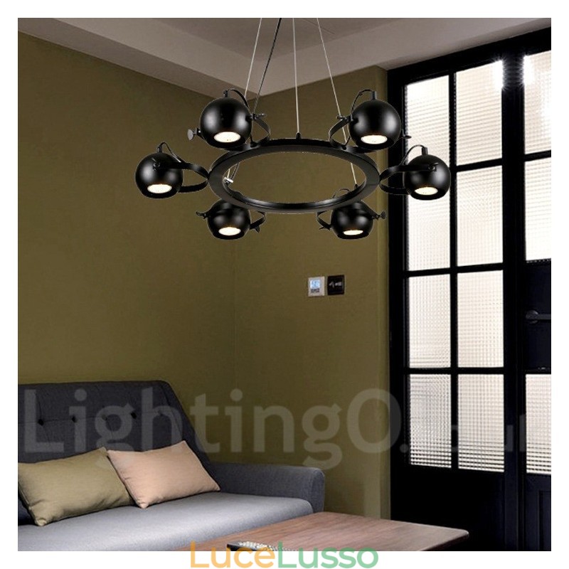 Lampada a sospensione retrò vintage in ferro nero a 6 luci con paralumi a sfera in ferro nero