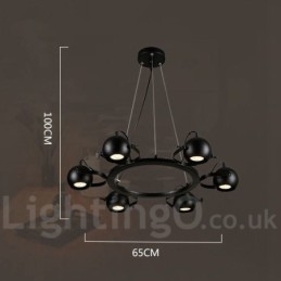 Lampada a sospensione retrò vintage in ferro nero a 6 luci con paralumi a sfera in ferro nero