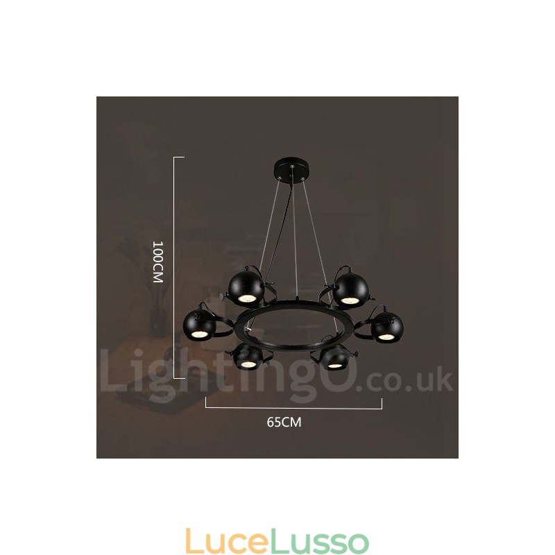 Lampada a sospensione retrò vintage in ferro nero a 6 luci con paralumi a sfera in ferro nero