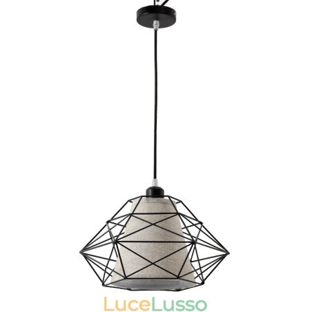 Lampada a sospensione retrò vintage in ferro nero con paralumi in tessuto Lampada a sospensione retrò vintage in ferro nero con paralumi in tessuto