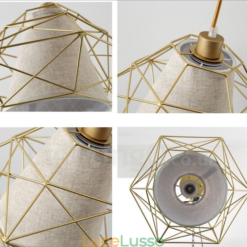 Lampada a sospensione retrò vintage in ferro nero con paralumi in tessuto