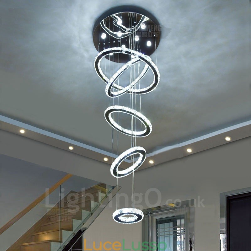 Lampadario da soffitto moderno in cristallo con 5 anelli, dimmerabile, Wi-Fi Smart, tre colori di sorgenti luminose, lampadario da interno