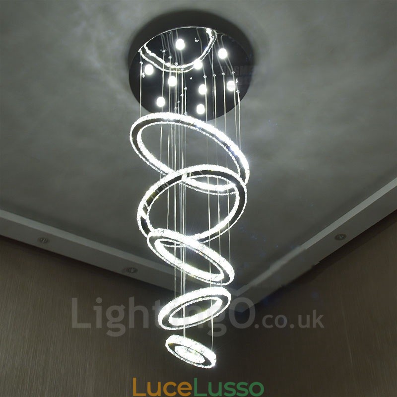 Lampadario da soffitto moderno in cristallo con 5 anelli, dimmerabile, Wi-Fi Smart, tre colori di sorgenti luminose, lampadario da interno