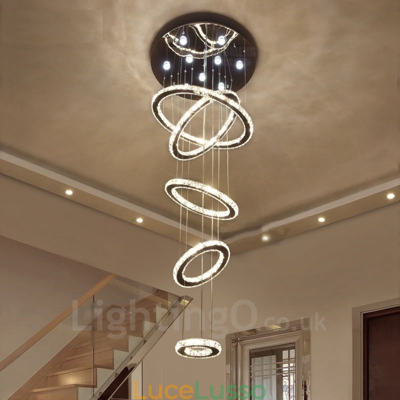 Lampadario da soffitto moderno in cristallo con 5 anelli, dimmerabile, Wi-Fi Smart, tre colori di sorgenti luminose, lampadario da interno