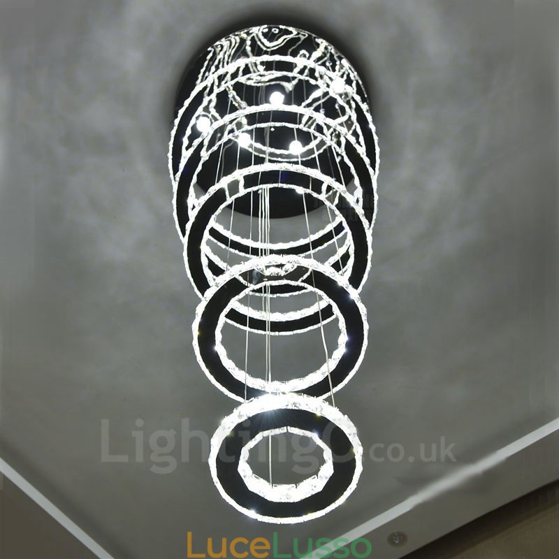 Lampadario da soffitto moderno in cristallo con 5 anelli, dimmerabile, Wi-Fi Smart, tre colori di sorgenti luminose, lampadario da interno