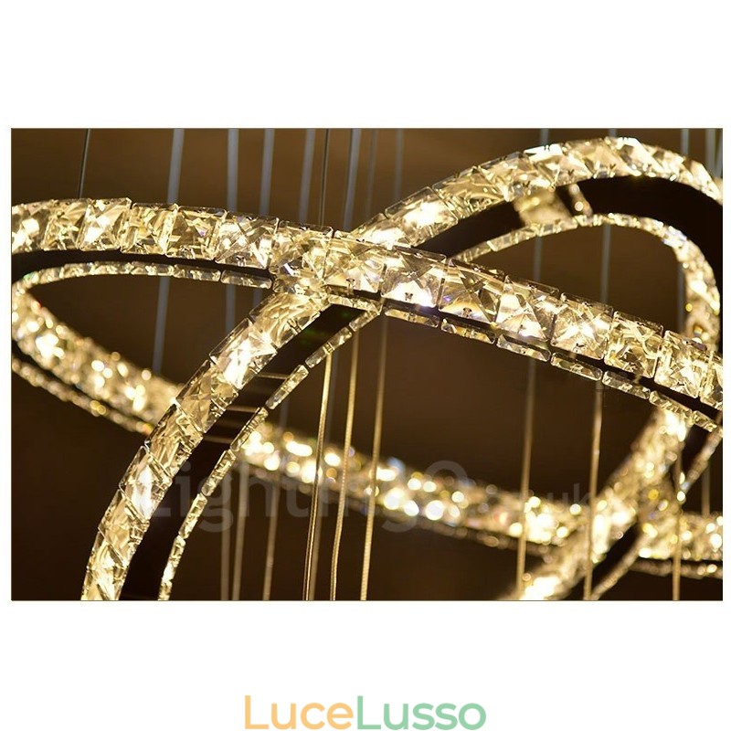 Lampadario da soffitto moderno in cristallo con 5 anelli, dimmerabile, Wi-Fi Smart, tre colori di sorgenti luminose, lampadario da interno