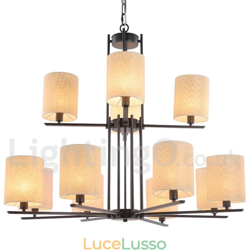 Lampadario grande in stile candela a 2 livelli, rustico retrò nero, 12 luci