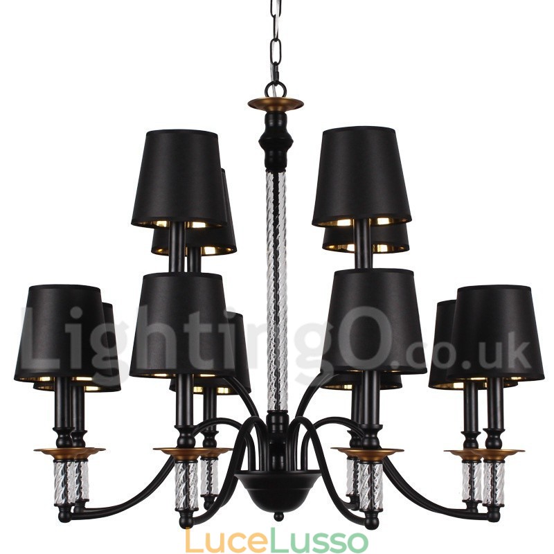Lampadario grande in stile candela a 2 livelli, rustico retrò nero, 12 luci