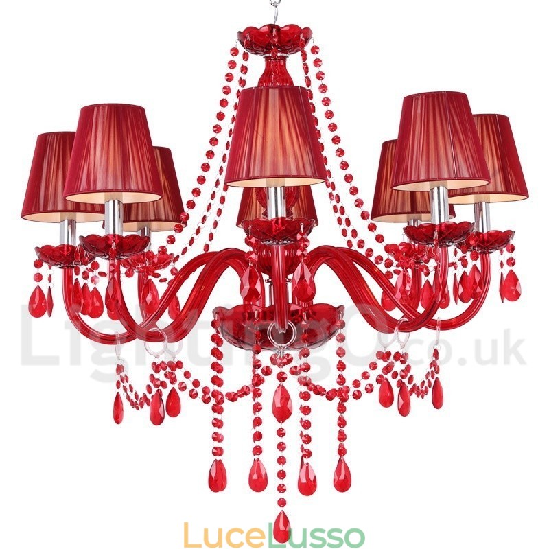 Lampadario in stile candela di cristallo K9 rosso chiaro a 8 luci