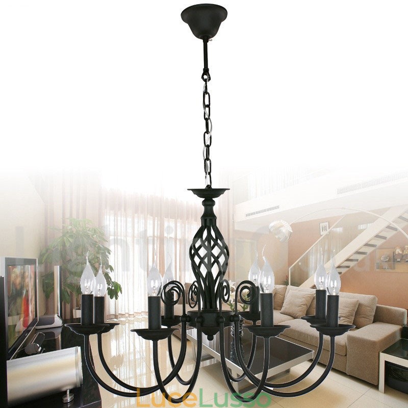 Lampadario in stile candela nero retrò contemporaneo a 8 luci