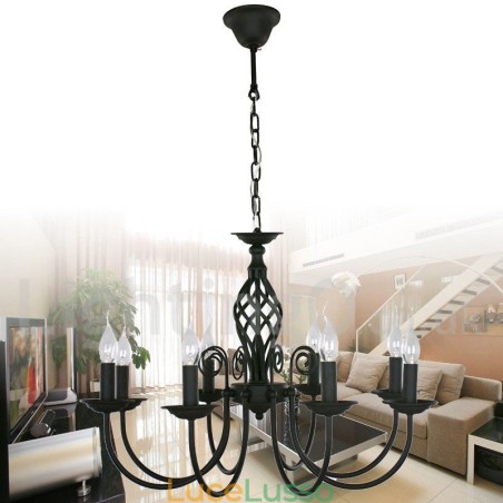 Lampadario in stile candela nero retrò contemporaneo a 8 luci