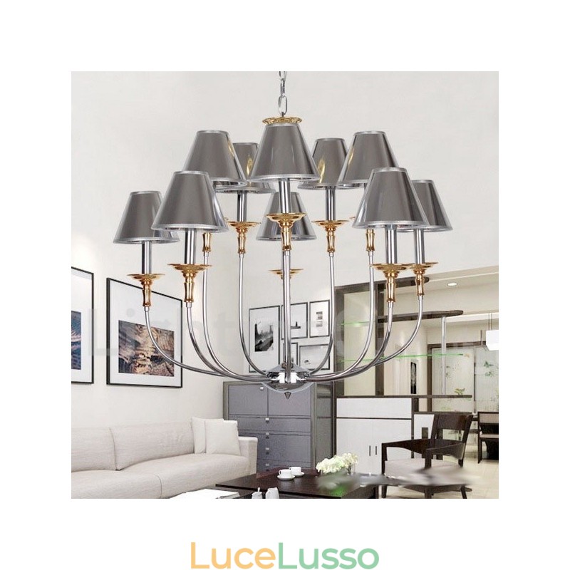 Lampadario a candela in stile cromato moderno e contemporaneo a 10 luci
