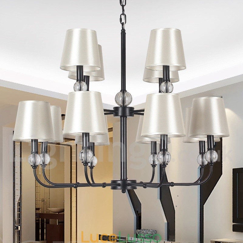 Lampadario a candela in stile contemporaneo nero grande a 2 livelli e 12 luci retrò