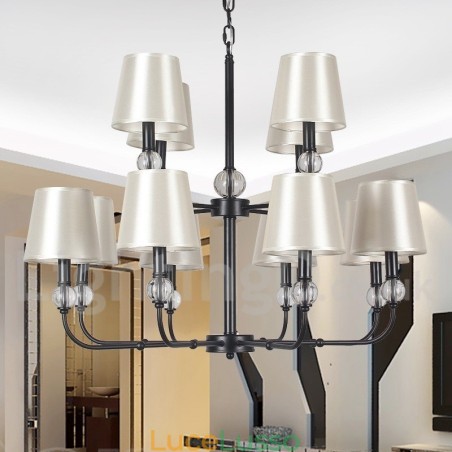 Lampadario a candela in stile contemporaneo nero grande a 2 livelli e 12 luci retrò