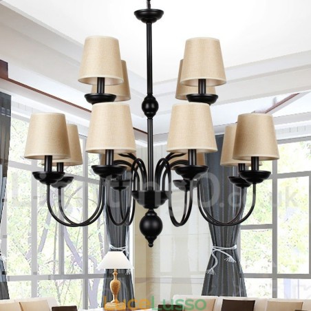 Lampadario grande in stile candela a 2 livelli, rustico retrò nero, 12 luci Lampadario grande in stile candela a 2 livelli, rustico retrò nero, 12 luci