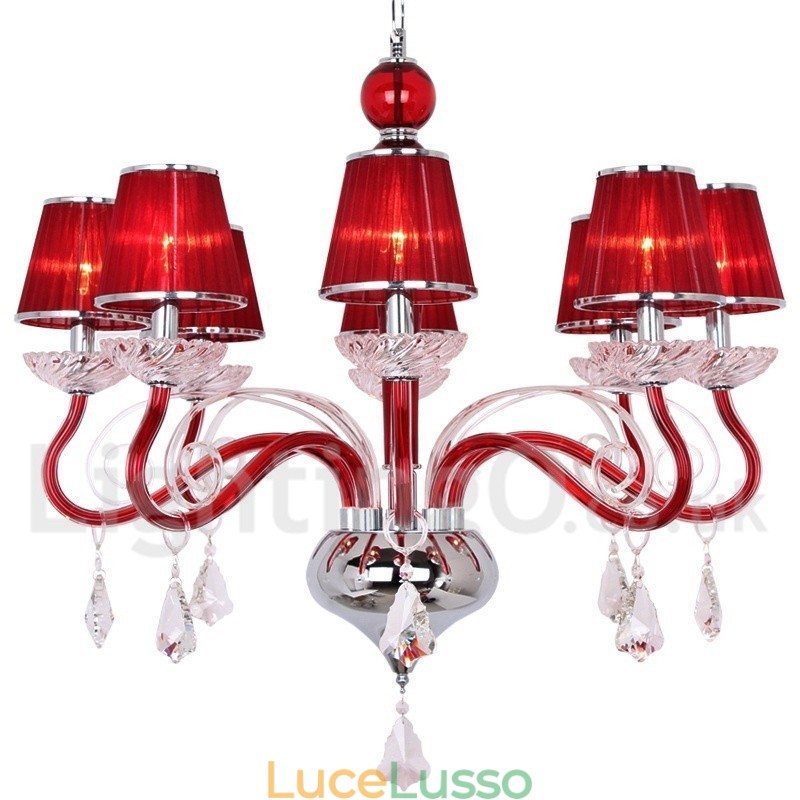 Lampadario in stile candela in cristallo K9 contemporaneo rosso a 8 luci