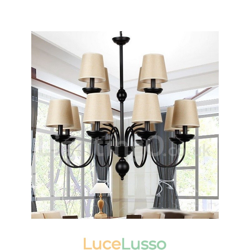 Lampadario rustico a 2 livelli, stile retrò contemporaneo, con 12 luci