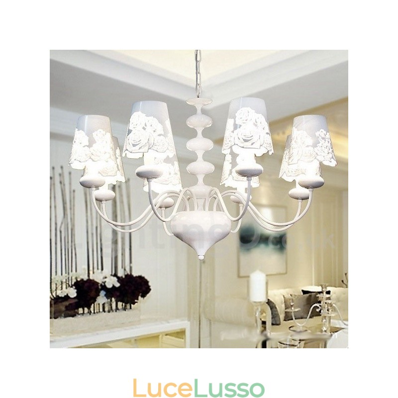 Lampadario moderno contemporaneo a 8 luci in stile candela bianca cava